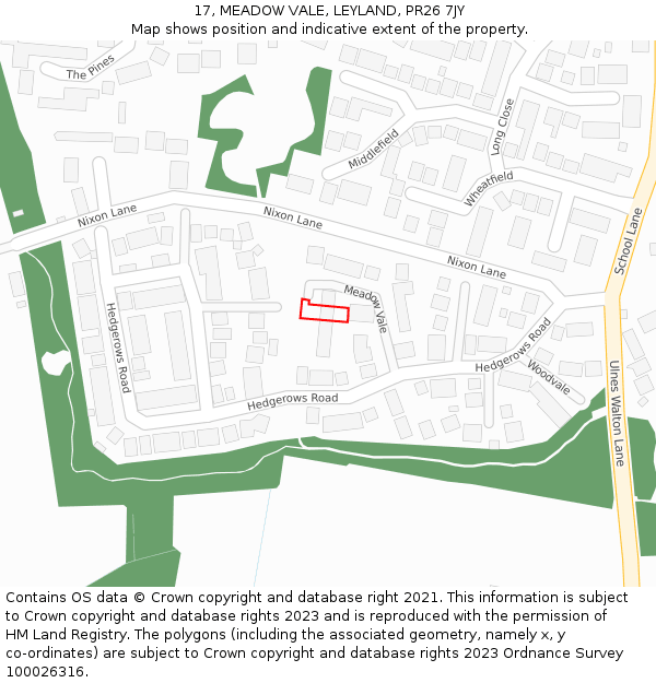 17, MEADOW VALE, LEYLAND, PR26 7JY: Location map and indicative extent of plot