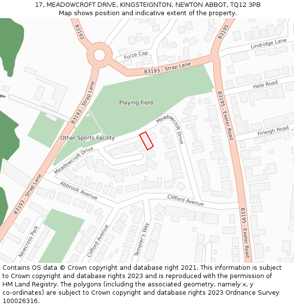 17, MEADOWCROFT DRIVE, KINGSTEIGNTON, NEWTON ABBOT, TQ12 3PB: Location map and indicative extent of plot