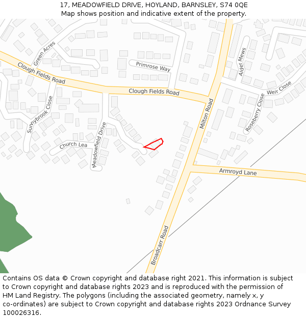 17, MEADOWFIELD DRIVE, HOYLAND, BARNSLEY, S74 0QE: Location map and indicative extent of plot