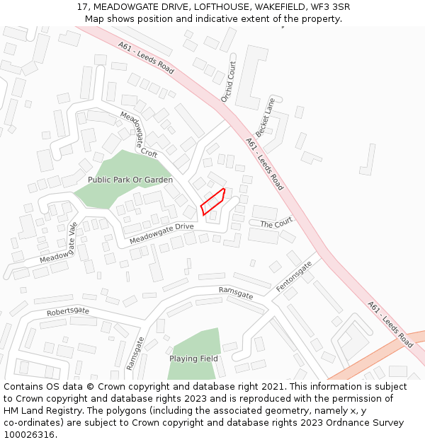 17, MEADOWGATE DRIVE, LOFTHOUSE, WAKEFIELD, WF3 3SR: Location map and indicative extent of plot