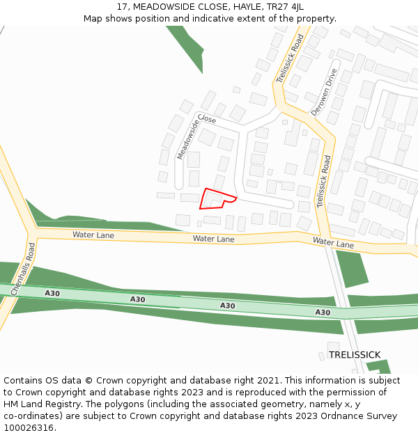 17, MEADOWSIDE CLOSE, HAYLE, TR27 4JL: Location map and indicative extent of plot