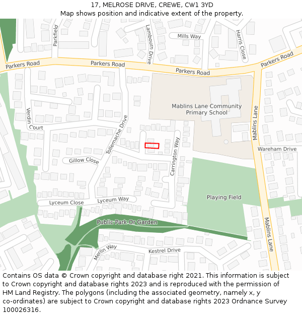 17, MELROSE DRIVE, CREWE, CW1 3YD: Location map and indicative extent of plot