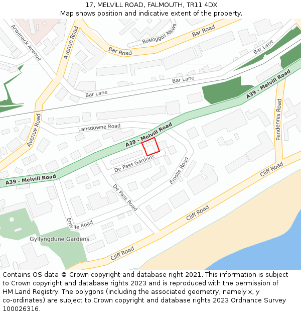 17, MELVILL ROAD, FALMOUTH, TR11 4DX: Location map and indicative extent of plot