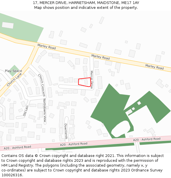 17, MERCER DRIVE, HARRIETSHAM, MAIDSTONE, ME17 1AY: Location map and indicative extent of plot