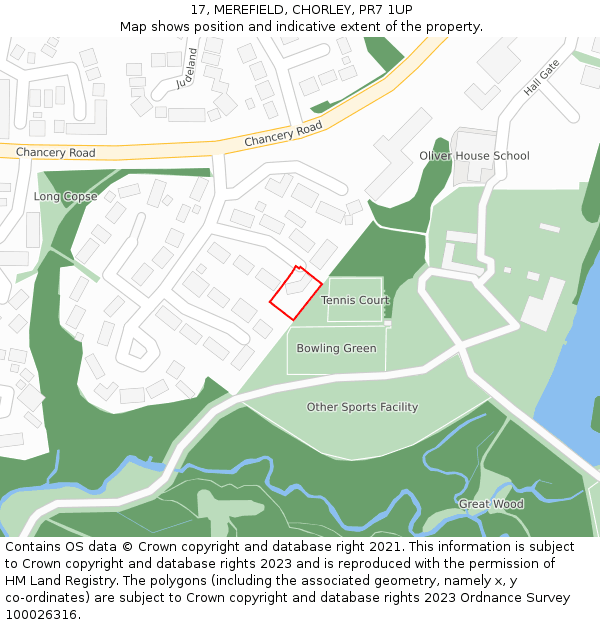 17, MEREFIELD, CHORLEY, PR7 1UP: Location map and indicative extent of plot