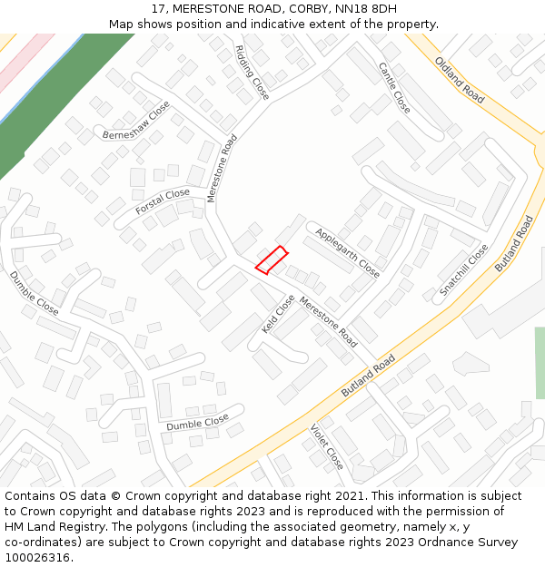 17, MERESTONE ROAD, CORBY, NN18 8DH: Location map and indicative extent of plot