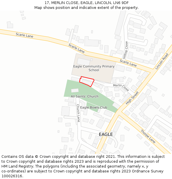 17, MERLIN CLOSE, EAGLE, LINCOLN, LN6 9DF: Location map and indicative extent of plot