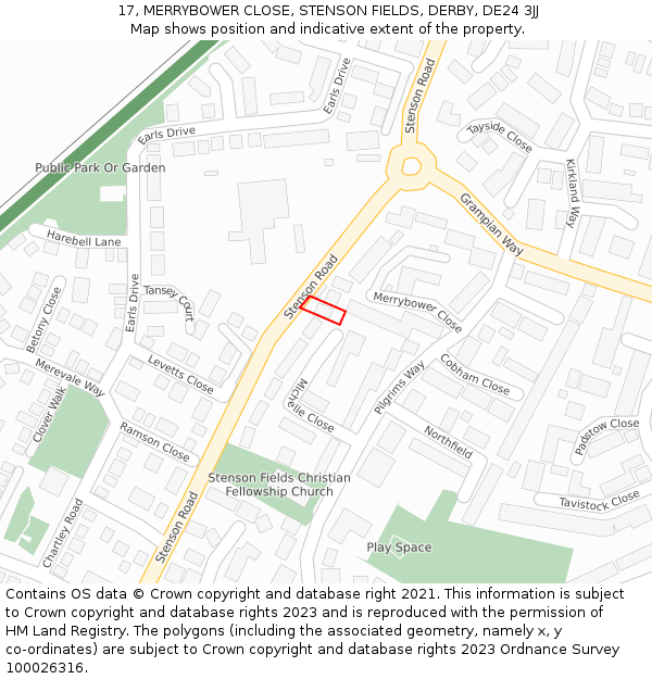 17, MERRYBOWER CLOSE, STENSON FIELDS, DERBY, DE24 3JJ: Location map and indicative extent of plot