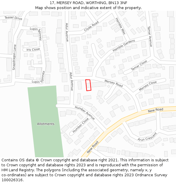 17, MERSEY ROAD, WORTHING, BN13 3NF: Location map and indicative extent of plot