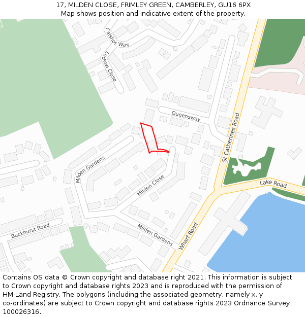 17, MILDEN CLOSE, FRIMLEY GREEN, CAMBERLEY, GU16 6PX: Location map and indicative extent of plot