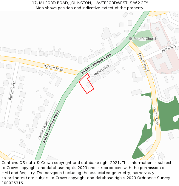 17, MILFORD ROAD, JOHNSTON, HAVERFORDWEST, SA62 3EY: Location map and indicative extent of plot