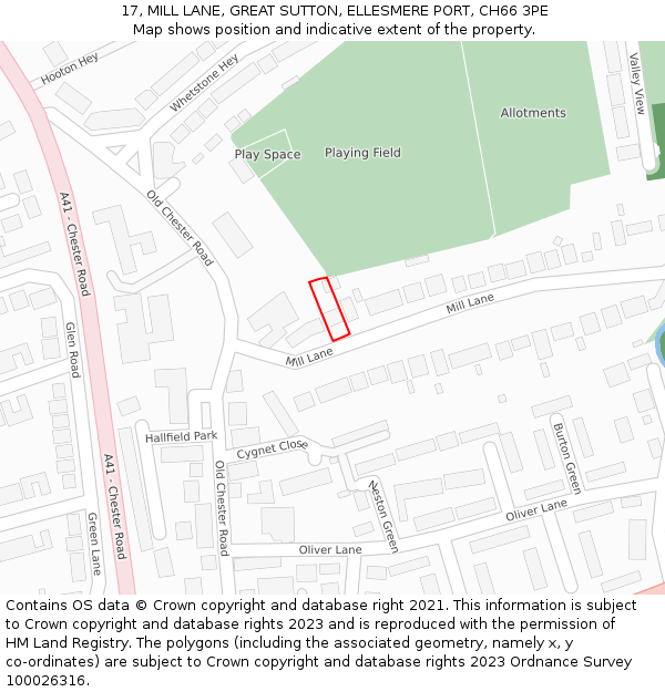 17, MILL LANE, GREAT SUTTON, ELLESMERE PORT, CH66 3PE: Location map and indicative extent of plot