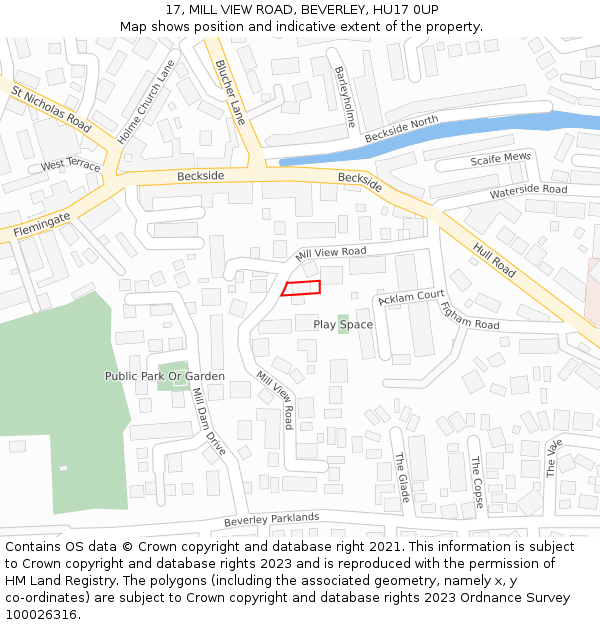 17, MILL VIEW ROAD, BEVERLEY, HU17 0UP: Location map and indicative extent of plot