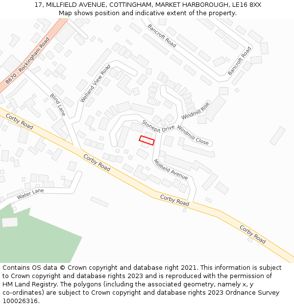 17, MILLFIELD AVENUE, COTTINGHAM, MARKET HARBOROUGH, LE16 8XX: Location map and indicative extent of plot