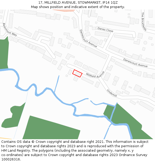17, MILLFIELD AVENUE, STOWMARKET, IP14 1QZ: Location map and indicative extent of plot