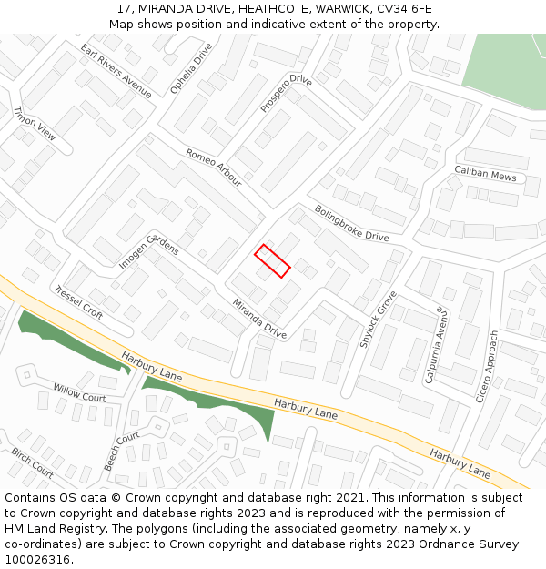 17, MIRANDA DRIVE, HEATHCOTE, WARWICK, CV34 6FE: Location map and indicative extent of plot