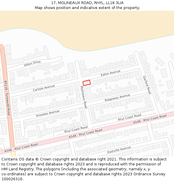 17, MOLINEAUX ROAD, RHYL, LL18 3UA: Location map and indicative extent of plot