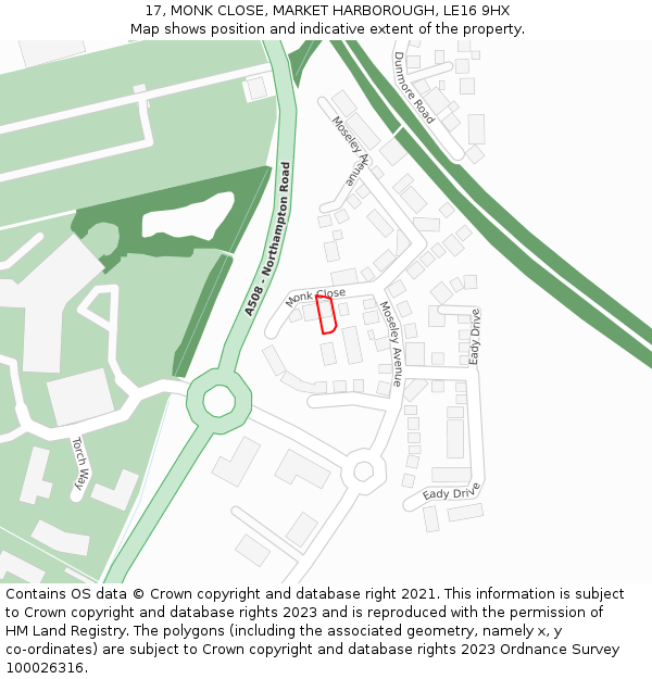 17, MONK CLOSE, MARKET HARBOROUGH, LE16 9HX: Location map and indicative extent of plot