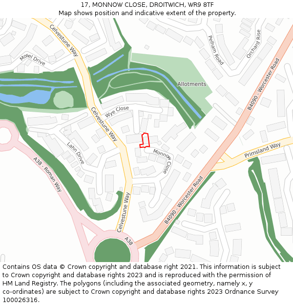 17, MONNOW CLOSE, DROITWICH, WR9 8TF: Location map and indicative extent of plot