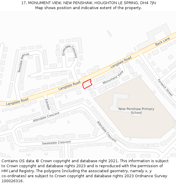 17, MONUMENT VIEW, NEW PENSHAW, HOUGHTON LE SPRING, DH4 7JN: Location map and indicative extent of plot