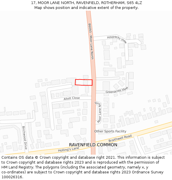 17, MOOR LANE NORTH, RAVENFIELD, ROTHERHAM, S65 4LZ: Location map and indicative extent of plot