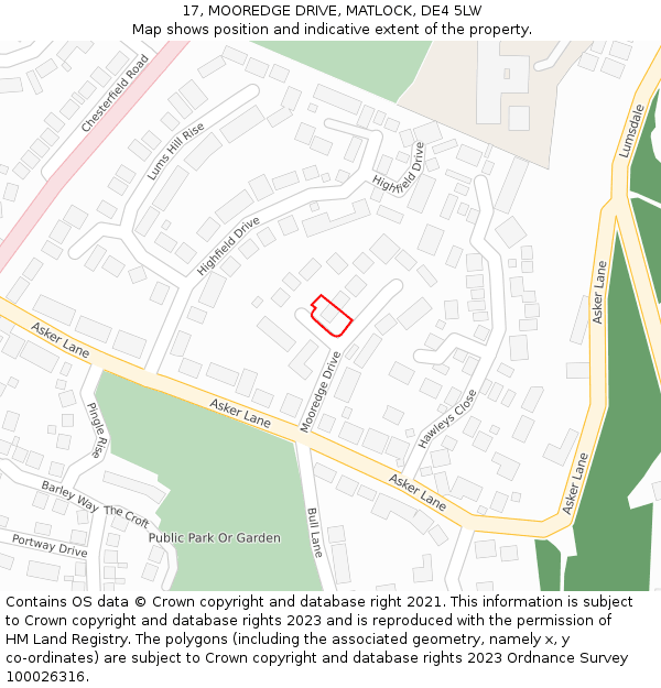 17, MOOREDGE DRIVE, MATLOCK, DE4 5LW: Location map and indicative extent of plot