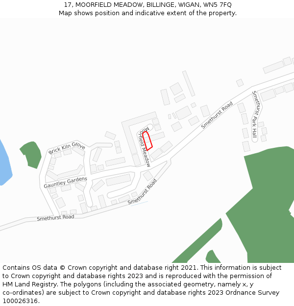 17, MOORFIELD MEADOW, BILLINGE, WIGAN, WN5 7FQ: Location map and indicative extent of plot