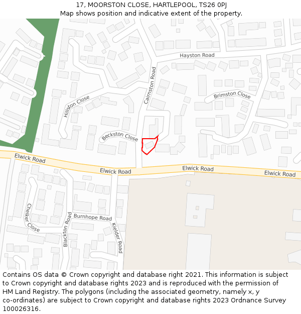 17, MOORSTON CLOSE, HARTLEPOOL, TS26 0PJ: Location map and indicative extent of plot