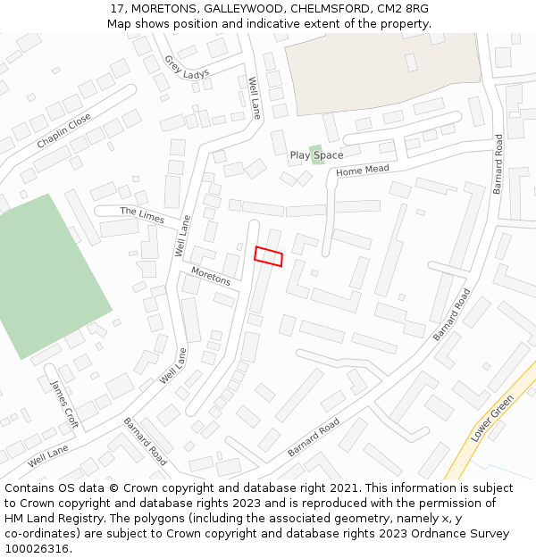 17, MORETONS, GALLEYWOOD, CHELMSFORD, CM2 8RG: Location map and indicative extent of plot