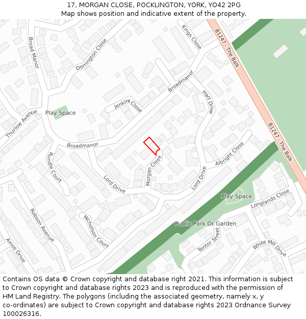 17, MORGAN CLOSE, POCKLINGTON, YORK, YO42 2PG: Location map and indicative extent of plot