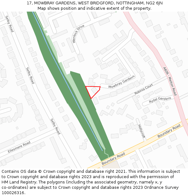 17, MOWBRAY GARDENS, WEST BRIDGFORD, NOTTINGHAM, NG2 6JN: Location map and indicative extent of plot