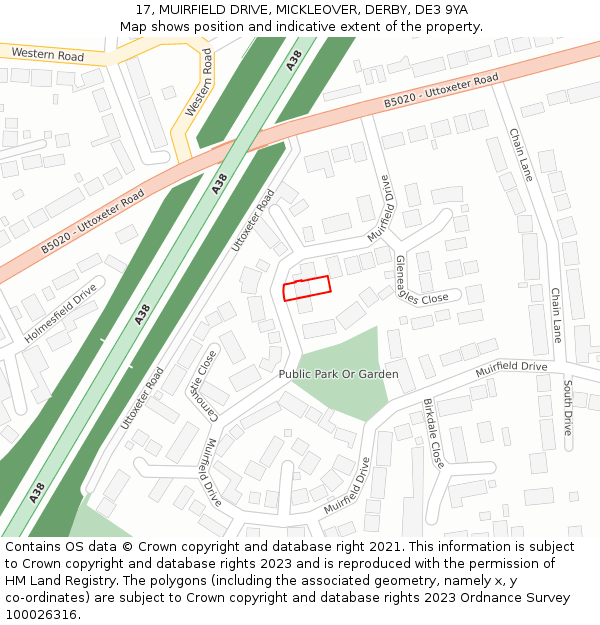 17, MUIRFIELD DRIVE, MICKLEOVER, DERBY, DE3 9YA: Location map and indicative extent of plot