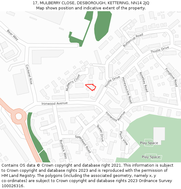 17, MULBERRY CLOSE, DESBOROUGH, KETTERING, NN14 2JQ: Location map and indicative extent of plot