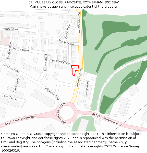 17, MULBERRY CLOSE, PARKGATE, ROTHERHAM, S62 6BW: Location map and indicative extent of plot