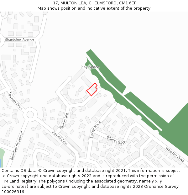 17, MULTON LEA, CHELMSFORD, CM1 6EF: Location map and indicative extent of plot