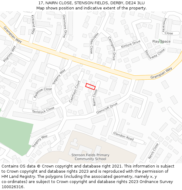 17, NAIRN CLOSE, STENSON FIELDS, DERBY, DE24 3LU: Location map and indicative extent of plot