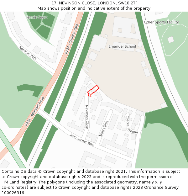 17, NEVINSON CLOSE, LONDON, SW18 2TF: Location map and indicative extent of plot