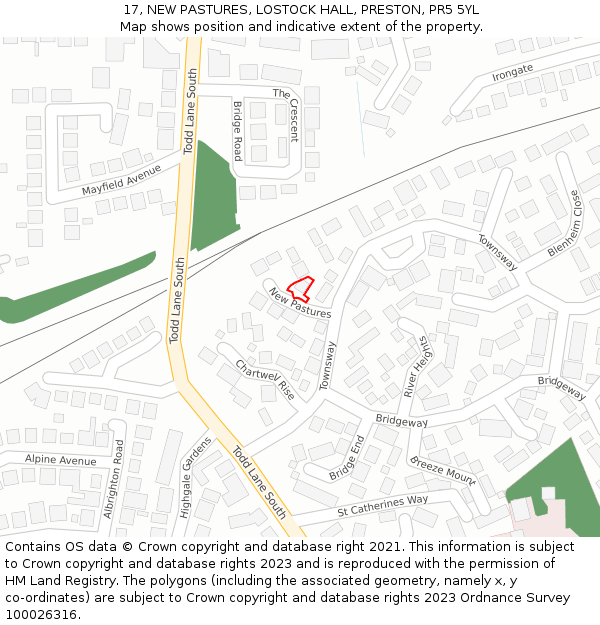 17, NEW PASTURES, LOSTOCK HALL, PRESTON, PR5 5YL: Location map and indicative extent of plot