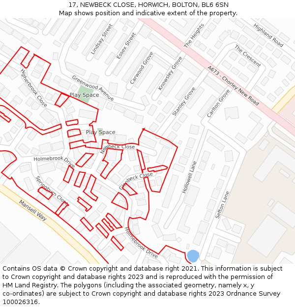 17, NEWBECK CLOSE, HORWICH, BOLTON, BL6 6SN: Location map and indicative extent of plot