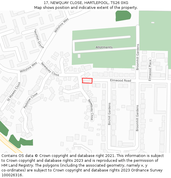 17, NEWQUAY CLOSE, HARTLEPOOL, TS26 0XG: Location map and indicative extent of plot