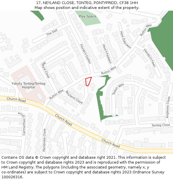 17, NEYLAND CLOSE, TONTEG, PONTYPRIDD, CF38 1HH: Location map and indicative extent of plot