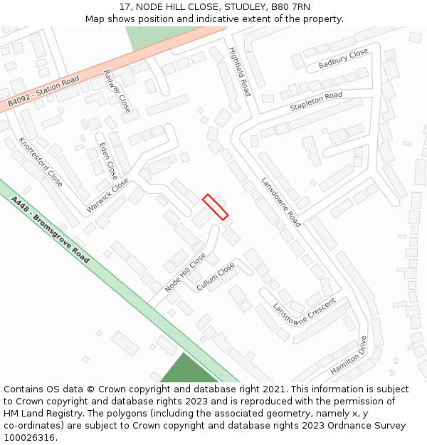 17, NODE HILL CLOSE, STUDLEY, B80 7RN: Location map and indicative extent of plot