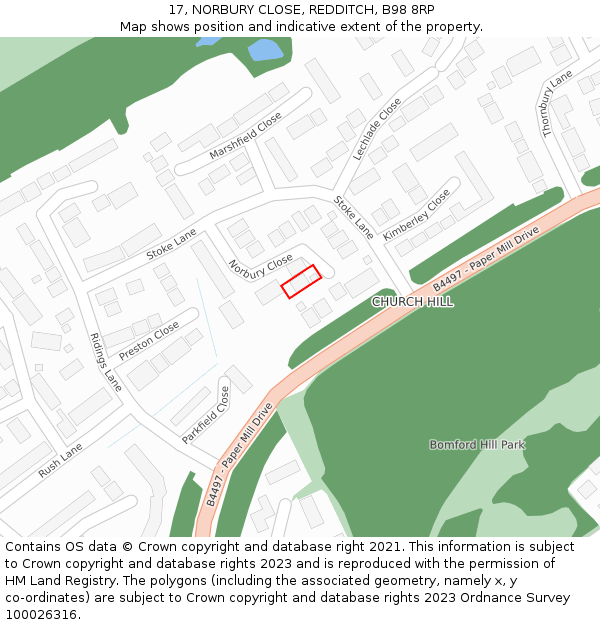 17, NORBURY CLOSE, REDDITCH, B98 8RP: Location map and indicative extent of plot