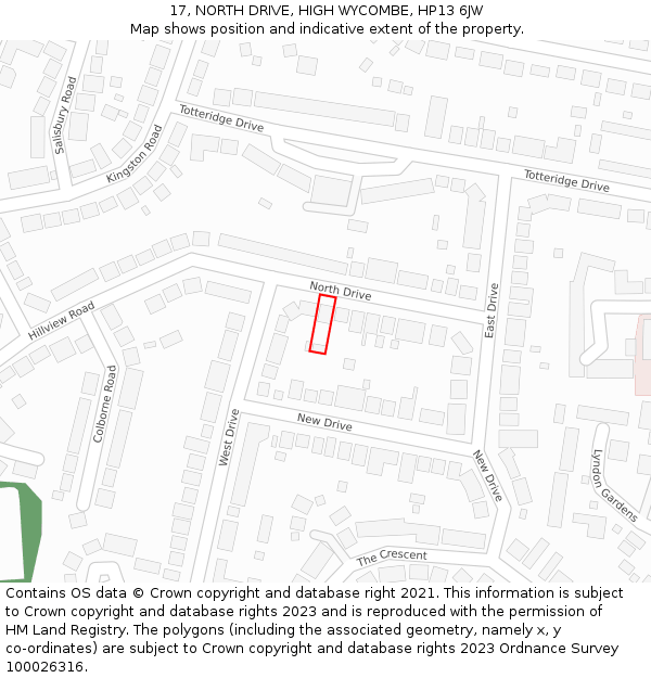 17, NORTH DRIVE, HIGH WYCOMBE, HP13 6JW: Location map and indicative extent of plot