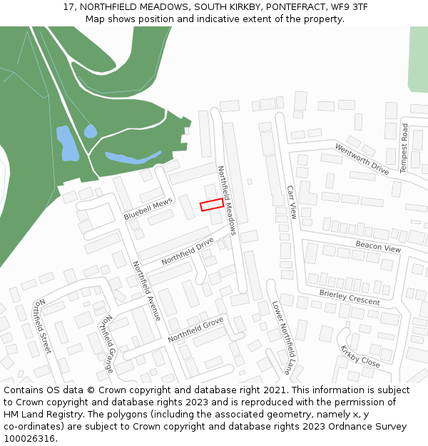 17, NORTHFIELD MEADOWS, SOUTH KIRKBY, PONTEFRACT, WF9 3TF: Location map and indicative extent of plot