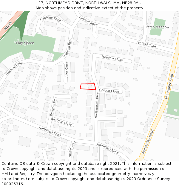 17, NORTHMEAD DRIVE, NORTH WALSHAM, NR28 0AU: Location map and indicative extent of plot
