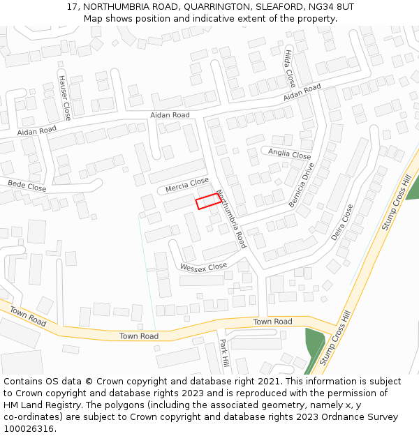 17, NORTHUMBRIA ROAD, QUARRINGTON, SLEAFORD, NG34 8UT: Location map and indicative extent of plot