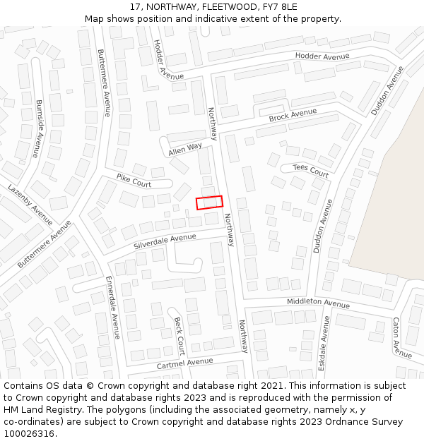 17, NORTHWAY, FLEETWOOD, FY7 8LE: Location map and indicative extent of plot