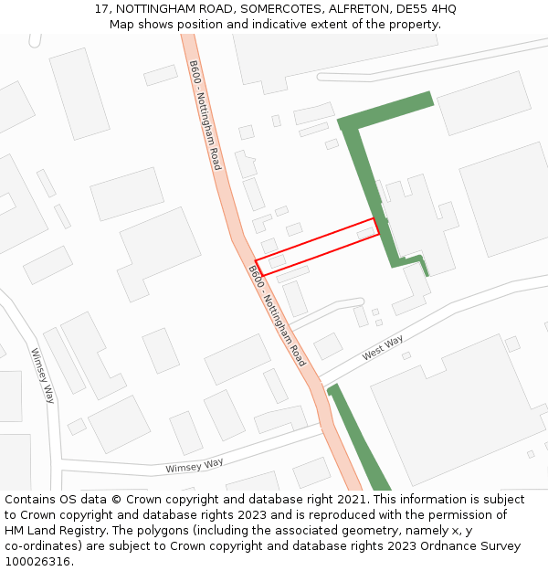 17, NOTTINGHAM ROAD, SOMERCOTES, ALFRETON, DE55 4HQ: Location map and indicative extent of plot