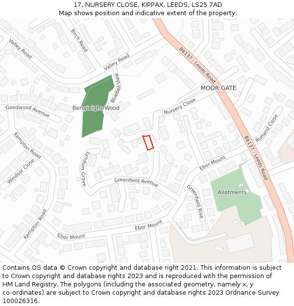 17, NURSERY CLOSE, KIPPAX, LEEDS, LS25 7AD: Location map and indicative extent of plot